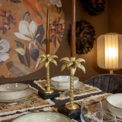 Now’s Home Bougeoirs Chandelier Palmier Doré Sur Base En Bois Noir H24cm -Bougeoirs Soldes Magasin chandelier palmier dore sur base en bois noir h24cm 1